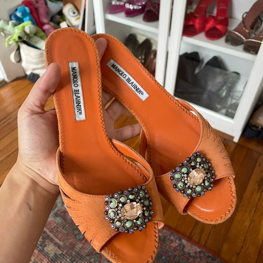 Manolo Blahnik Orange Mules with Crystal Embellishment